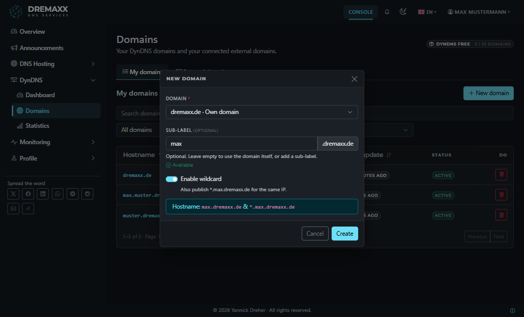 Der Dialog „Neue Domain“ mit ausgewählter eigener Domain und optionalem Sub-Label
