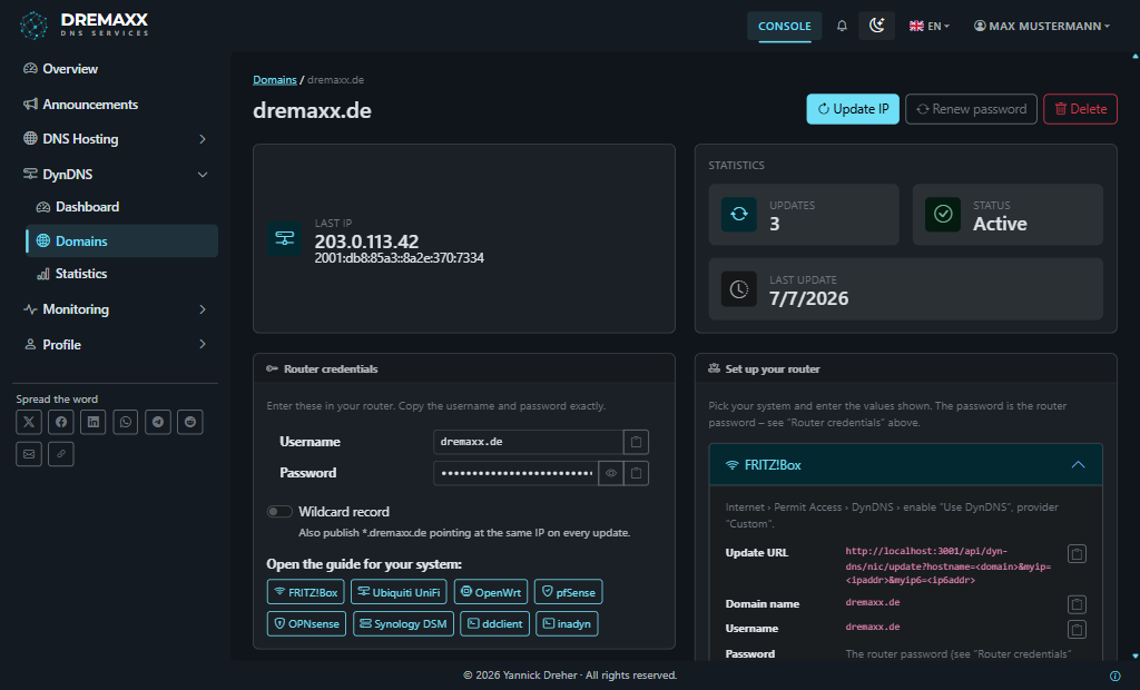 Die Domain-Detailseite mit Status „Active“, letzter IP und Update-Zähler
